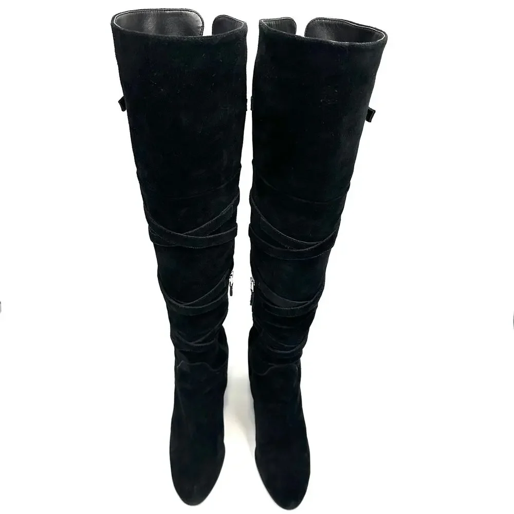 Sam Edelman Sable Black Over-The-Knee Boot Sz 9.5 Suede Heeled Adjustable Straps